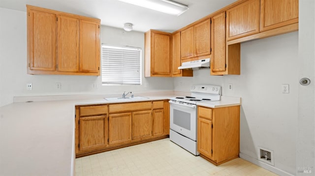 1191 Araquipa Ct, Vacaville, CA 95687 - kitchen featuring white range with electric cooktop, under cabinet range hood, a sink, light flooring, and light countertops