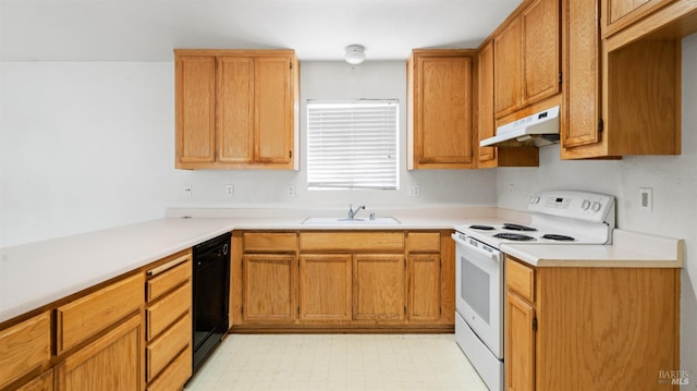 1191 Araquipa Ct, Vacaville, CA 95687 - kitchen featuring white electric range oven, a sink, under cabinet range hood, black dishwasher, and light flooring