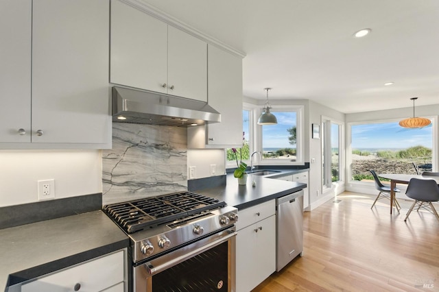 8 Rafael Patio, Stinson Beach, CA 94970 - kitchen with appliances with stainless steel finishes, under cabinet range hood, dark countertops, a sink, and tasteful backsplash
