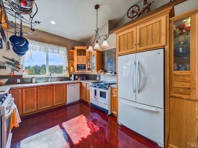 7785 Torgersen Rd, Eureka, CA 95503 - kitchen with white appliances, open shelves, glass insert cabinets, pendant lighting, and lofted ceiling