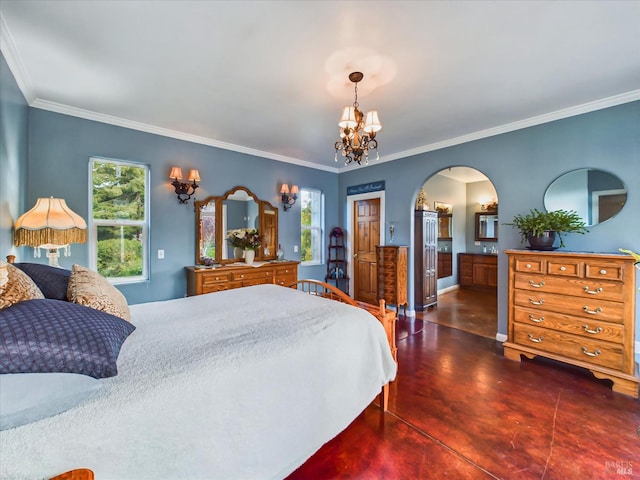 7785 Torgersen Rd, Eureka, CA 95503 - bedroom with arched walkways, finished concrete floors, a chandelier, crown molding, and baseboards