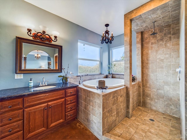 7785 Torgersen Rd, Eureka, CA 95503 - full bathroom with a bath, tiled shower, a chandelier, and vanity