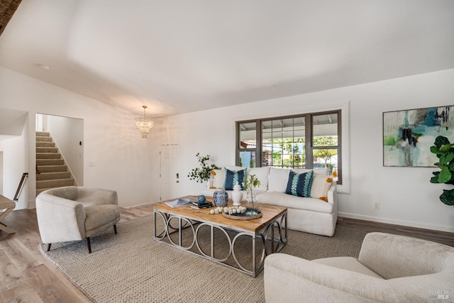 12 Maidu Ct, Napa, CA 94558 - living area featuring stairs, wood finished floors, a chandelier, and baseboards