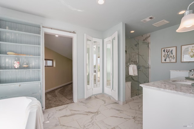 12 Maidu Ct, Napa, CA 94558 - bathroom featuring a marble finish shower, recessed lighting, baseboards, a tub, and vanity
