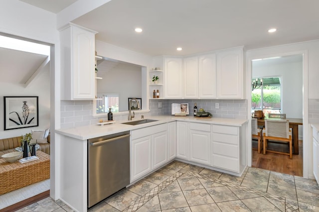 914 Cottonwood Ct, Petaluma, CA 94954 - kitchen with dishwasher, a sink, open shelves, tasteful backsplash, and light countertops