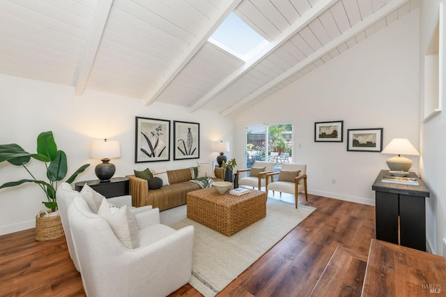 914 Cottonwood Ct, Petaluma, CA 94954 - living area featuring baseboards, wood finished floors, wood ceiling with exposed beams, and high vaulted ceiling