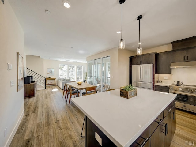 226 Verandah Ave, Novato, CA 94945 - kitchen featuring premium appliances, under cabinet range hood, light wood-style flooring, a center island, and dark brown cabinetry