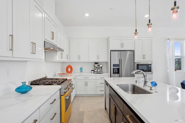 1749 Guadalupe St, Petaluma, CA 94952 - kitchen featuring high quality appliances, a sink, under cabinet range hood, white cabinetry, and hanging light fixtures
