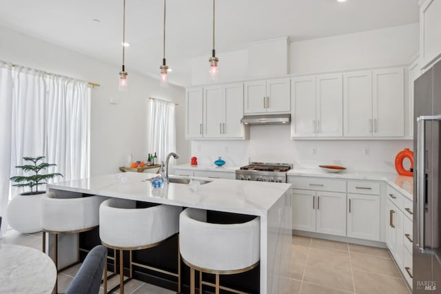 1749 Guadalupe St, Petaluma, CA 94952 - kitchen featuring a sink, under cabinet range hood, range, high end fridge, and white cabinets