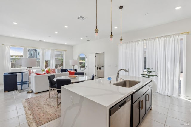 1749 Guadalupe St, Petaluma, CA 94952 - kitchen featuring a sink, dishwasher, light tile patterned floors, open floor plan, and recessed lighting