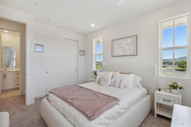 1749 Guadalupe St, Petaluma, CA 94952 - bedroom featuring light colored carpet, a sink, a closet, recessed lighting, and ensuite bathroom