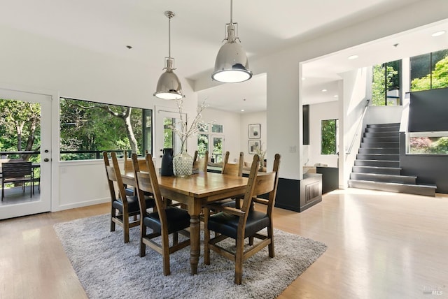 119 Marguerite Ave, Mill Valley, CA 94941 - dining space with healthy amount of natural light, light wood-style flooring, stairs, and recessed lighting