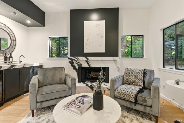 119 Marguerite Ave, Mill Valley, CA 94941 - living room featuring wine cooler, light wood-type flooring, recessed lighting, and a premium fireplace