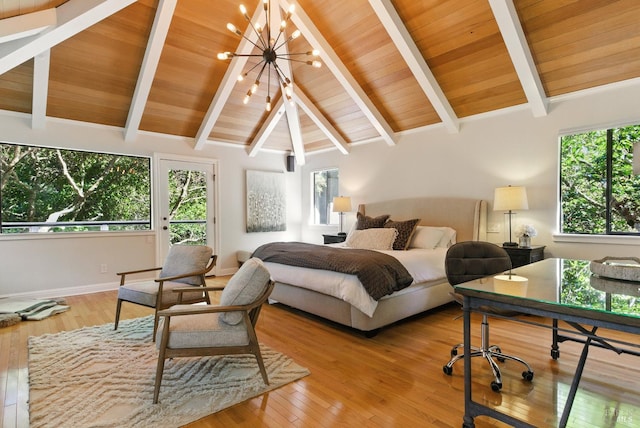 119 Marguerite Ave, Mill Valley, CA 94941 - bedroom with a chandelier, light wood-style floors, wooden ceiling, access to exterior, and baseboards