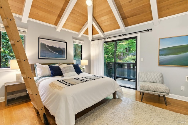 119 Marguerite Ave, Mill Valley, CA 94941 - bedroom featuring access to outside, wood finished floors, wooden ceiling, and baseboards