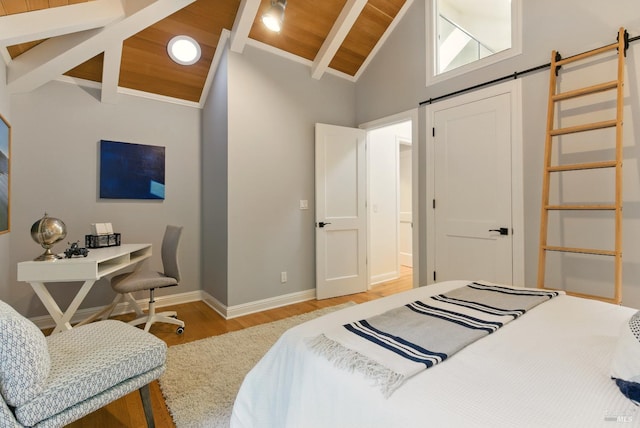 119 Marguerite Ave, Mill Valley, CA 94941 - bedroom featuring light wood finished floors, wooden ceiling, baseboards, and a barn door