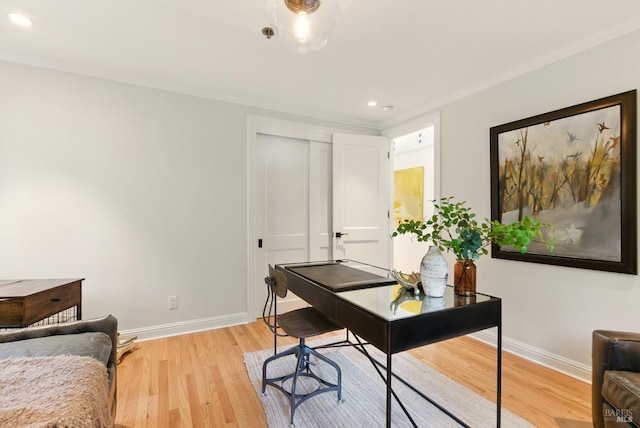 119 Marguerite Ave, Mill Valley, CA 94941 - home office with baseboards, light wood-style flooring, recessed lighting, and crown molding