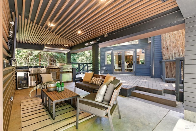 119 Marguerite Ave, Mill Valley, CA 94941 - view of patio featuring french doors, beverage cooler, a wooden deck, and an outdoor living space