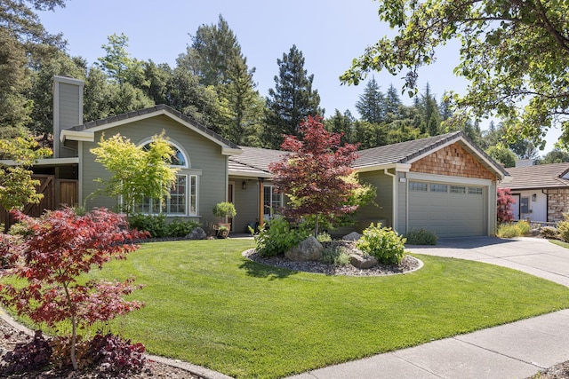 3336 Brittany Cir, Napa, CA 94558 - view of front facade featuring driveway, a chimney, a front yard, and a garage
