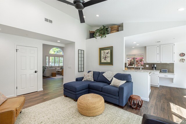 3336 Brittany Cir, Napa, CA 94558 - living area with dark wood-style flooring, a ceiling fan, recessed lighting, and high vaulted ceiling