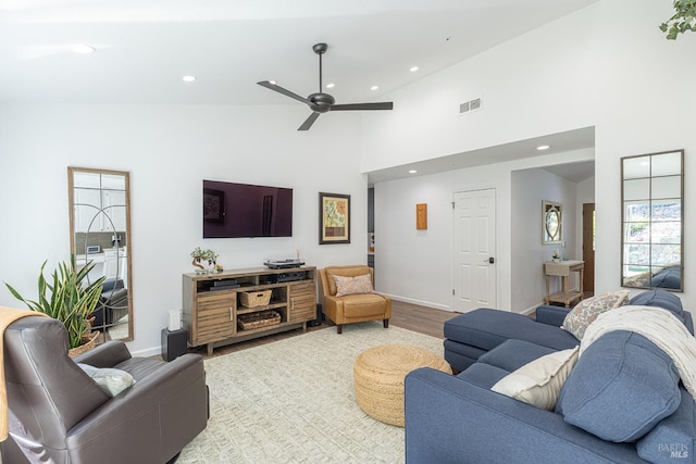 3336 Brittany Cir, Napa, CA 94558 - living area featuring a ceiling fan, light wood-style floors, baseboards, high vaulted ceiling, and recessed lighting