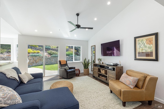 3336 Brittany Cir, Napa, CA 94558 - living area featuring wood finished floors, baseboards, a ceiling fan, recessed lighting, and high vaulted ceiling