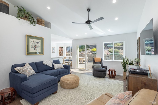 3336 Brittany Cir, Napa, CA 94558 - living area featuring recessed lighting, wood finished floors, lofted ceiling, and ceiling fan