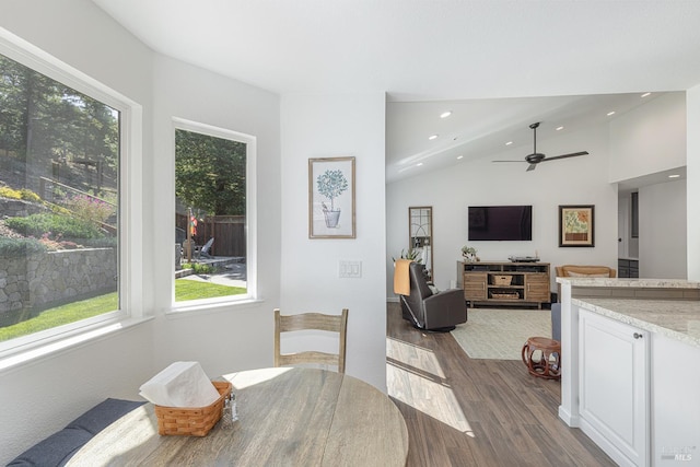 3336 Brittany Cir, Napa, CA 94558 - dining space featuring plenty of natural light, dark wood-type flooring, recessed lighting, vaulted ceiling, and a ceiling fan