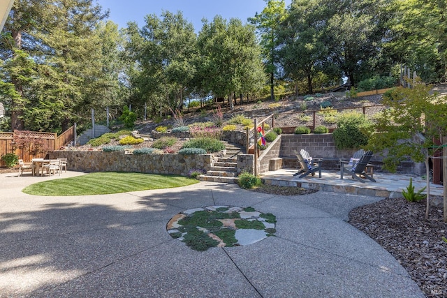 3336 Brittany Cir, Napa, CA 94558 - view of yard with stairway, a patio area, and an outdoor fire pit