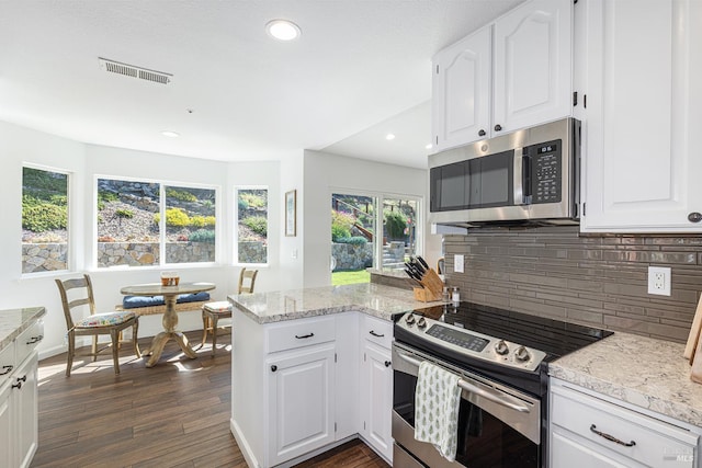 3336 Brittany Cir, Napa, CA 94558 - kitchen with stainless steel appliances, a peninsula, tasteful backsplash, dark wood-style flooring, and light stone countertops