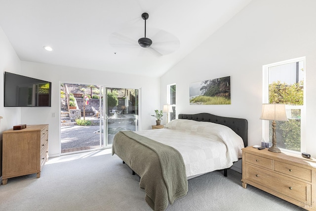 3336 Brittany Cir, Napa, CA 94558 - bedroom with access to exterior, light colored carpet, ceiling fan, recessed lighting, and high vaulted ceiling