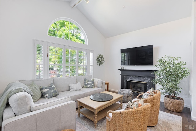 3336 Brittany Cir, Napa, CA 94558 - living area featuring high vaulted ceiling, wood finished floors, a fireplace, beamed ceiling, and baseboards