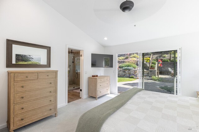 3336 Brittany Cir, Napa, CA 94558 - bedroom featuring access to outside, lofted ceiling, light carpet, connected bathroom, and baseboards