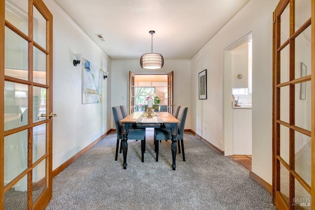 11 Inverness Way S, Inverness, CA 94937 - carpeted dining space with french doors, baseboards, and ornamental molding
