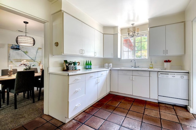11 Inverness Way S, Inverness, CA 94937 - kitchen with dishwasher, a sink, light countertops, a chandelier, and decorative light fixtures