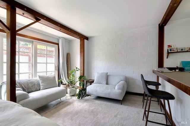11 Inverness Way S, Inverness, CA 94937 - carpeted living room with beamed ceiling and concrete block wall