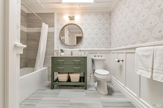 37 Angela Ave, San Anselmo, CA 94960 - bathroom with toilet, wallpapered walls, shower / bath combo, vanity, and wainscoting