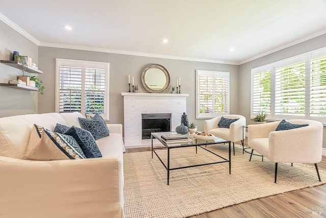 37 Angela Ave, San Anselmo, CA 94960 - living area featuring light wood-type flooring, ornamental molding, a fireplace, and recessed lighting
