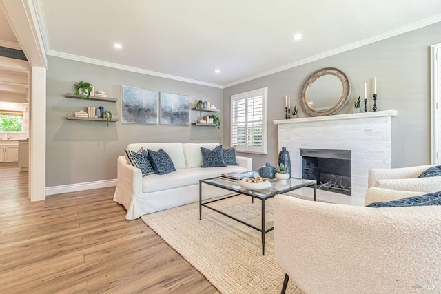 37 Angela Ave, San Anselmo, CA 94960 - living room with baseboards, light wood-style floors, ornamental molding, a fireplace, and recessed lighting