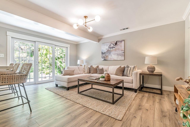 37 Angela Ave, San Anselmo, CA 94960 - living room featuring crown molding, light wood-type flooring, a chandelier, and baseboards