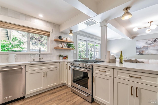 37 Angela Ave, San Anselmo, CA 94960 - kitchen with stainless steel appliances, a sink, light countertops, and beam ceiling