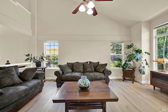 3327 Colonial Ct, Fairfield, CA 94534 - living room featuring a ceiling fan, high vaulted ceiling, light wood-type flooring, and baseboards