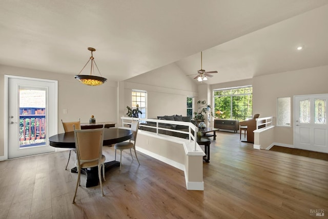 3327 Colonial Ct, Fairfield, CA 94534 - dining space featuring wood finished floors, baseboards, ceiling fan, and vaulted ceiling