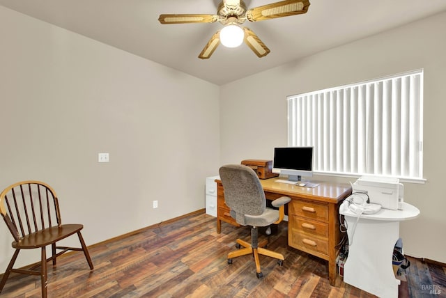 3327 Colonial Ct, Fairfield, CA 94534 - office area featuring dark wood-style flooring, a ceiling fan, and baseboards