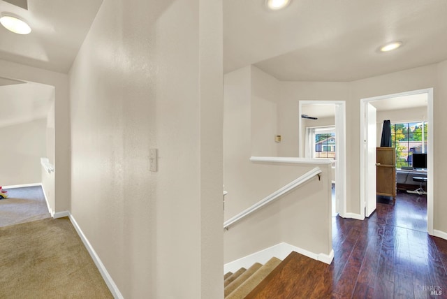 3327 Colonial Ct, Fairfield, CA 94534 - hallway with an upstairs landing, baseboards, recessed lighting, and dark wood finished floors