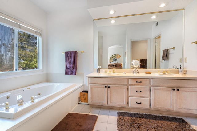 2016 Stonefield Ln, Santa Rosa, CA 95403 - bathroom featuring double vanity, tile patterned floors, plenty of natural light, and recessed lighting