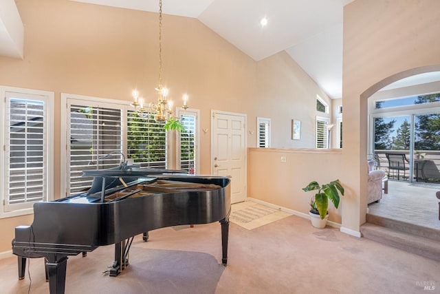 2016 Stonefield Ln, Santa Rosa, CA 95403 - sitting room featuring baseboards, carpet flooring, high vaulted ceiling, and a chandelier
