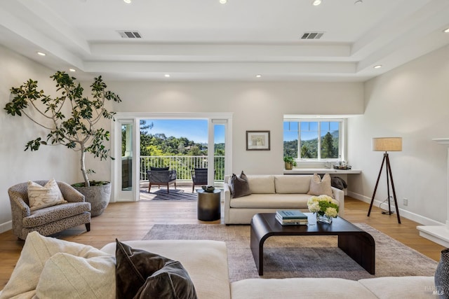 6 Live Oak Way, San Rafael, CA 94901 - living room featuring recessed lighting, a tray ceiling, light wood finished floors, and baseboards