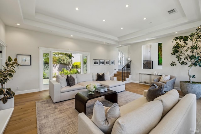 6 Live Oak Way, San Rafael, CA 94901 - living area with a raised ceiling, recessed lighting, light wood-style flooring, and stairs