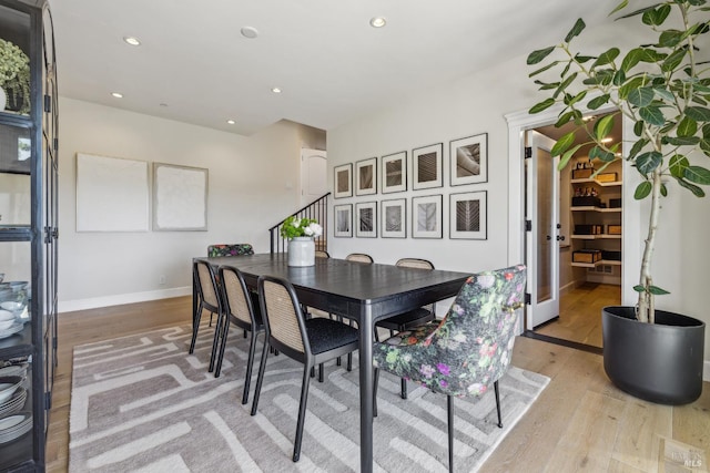 6 Live Oak Way, San Rafael, CA 94901 - dining space featuring light wood-style flooring, stairs, baseboards, and recessed lighting